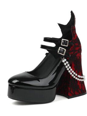 Gothic Lace Flower Chunky Platform Heels - Women's High Heel Mary Janes Shoes